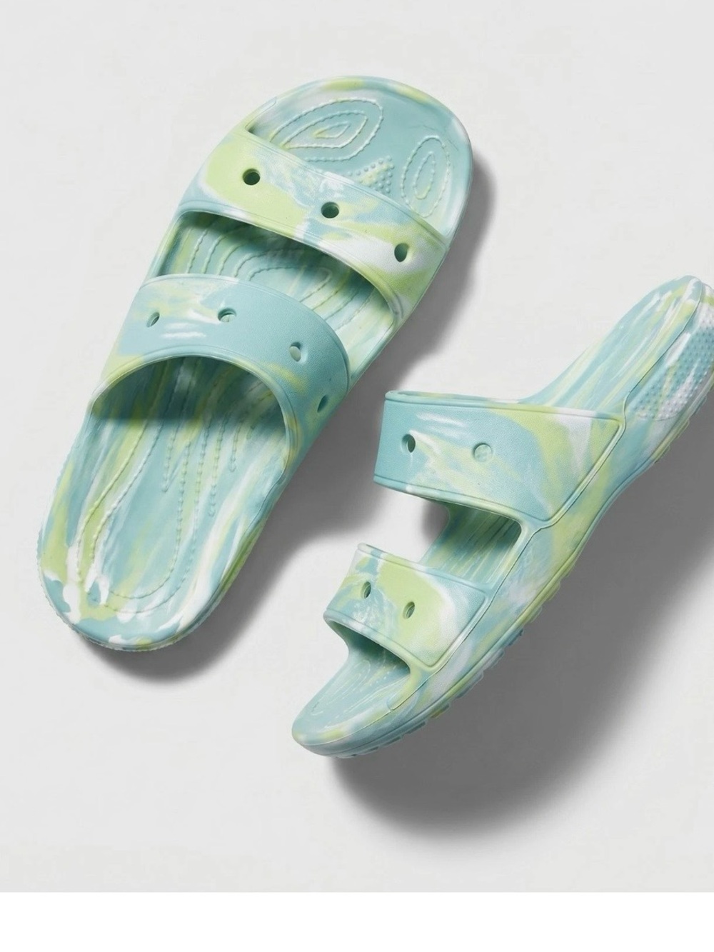 CROCS Tie-Dye Slide Sandals in Aqua and Lime